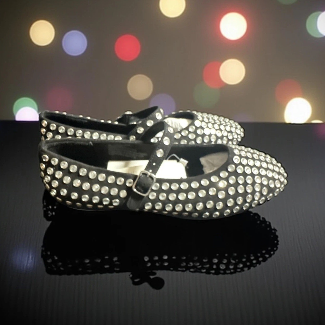 Sparkling Black Mary Jane Flats Rhinestone Embellished Dress Shoes Size 9.5